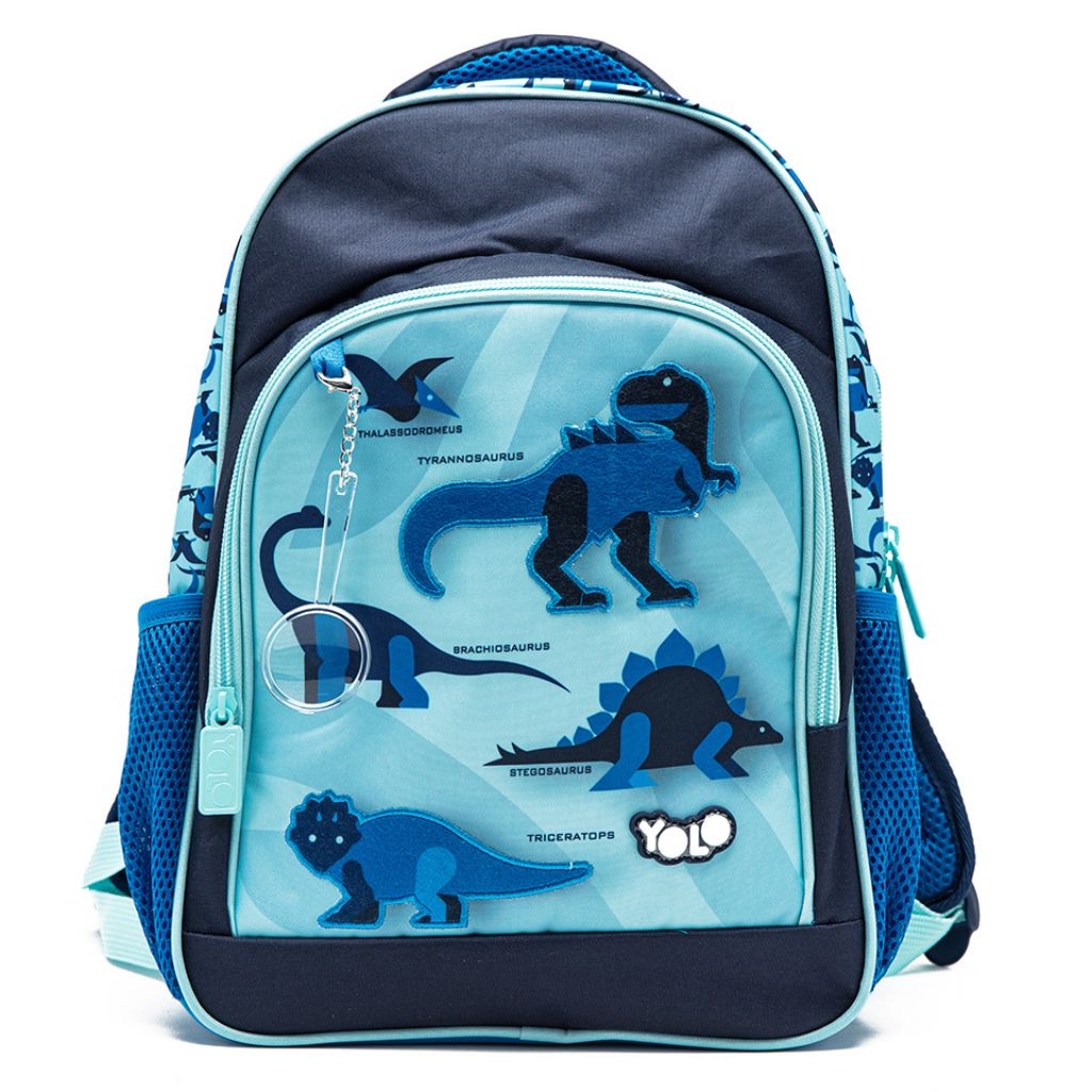 Backpack with dinosaur illustrations on a light blue background