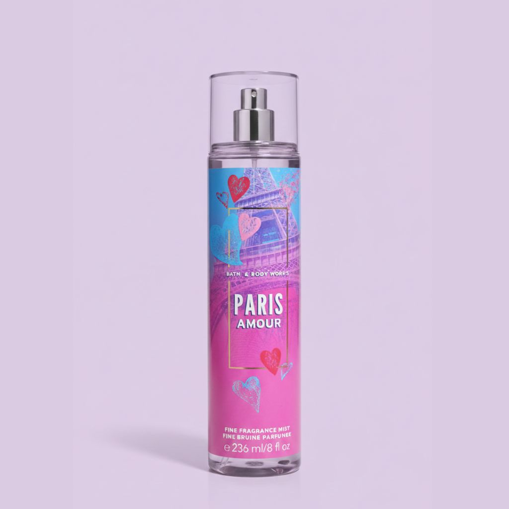 Bath and Body Works Paris Amour spray bottle on a light purple background