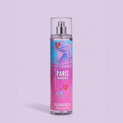 Bath and Body Works Paris Amour spray bottle on a light purple background