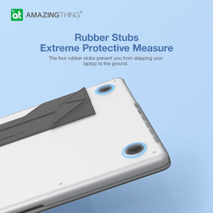 Laptop with rubber stubs for protective measure on a blue background, featuring the brand 'Amazing Thing'.