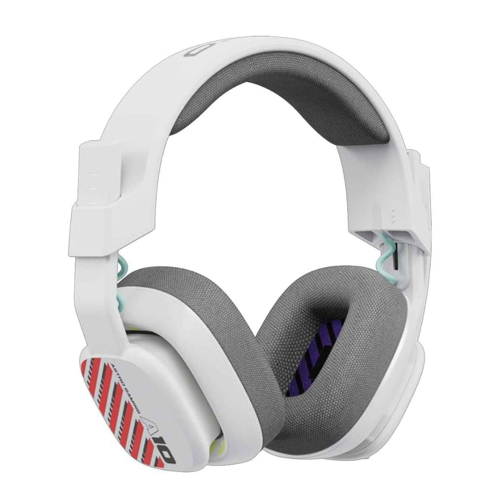 White gaming headset with gray ear cushions on a white background