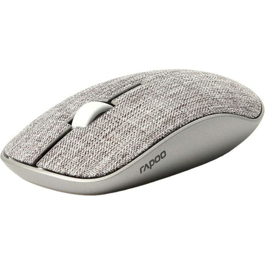 Gray textured computer mouse with 'Rapoo' branding on a white background
