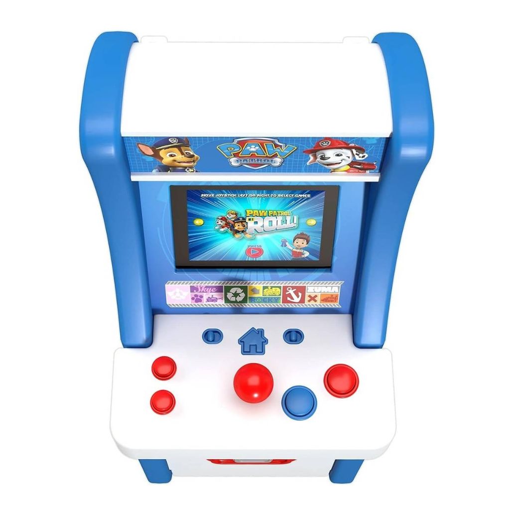 Children's arcade machine with cartoon characters and colorful buttons on a white background