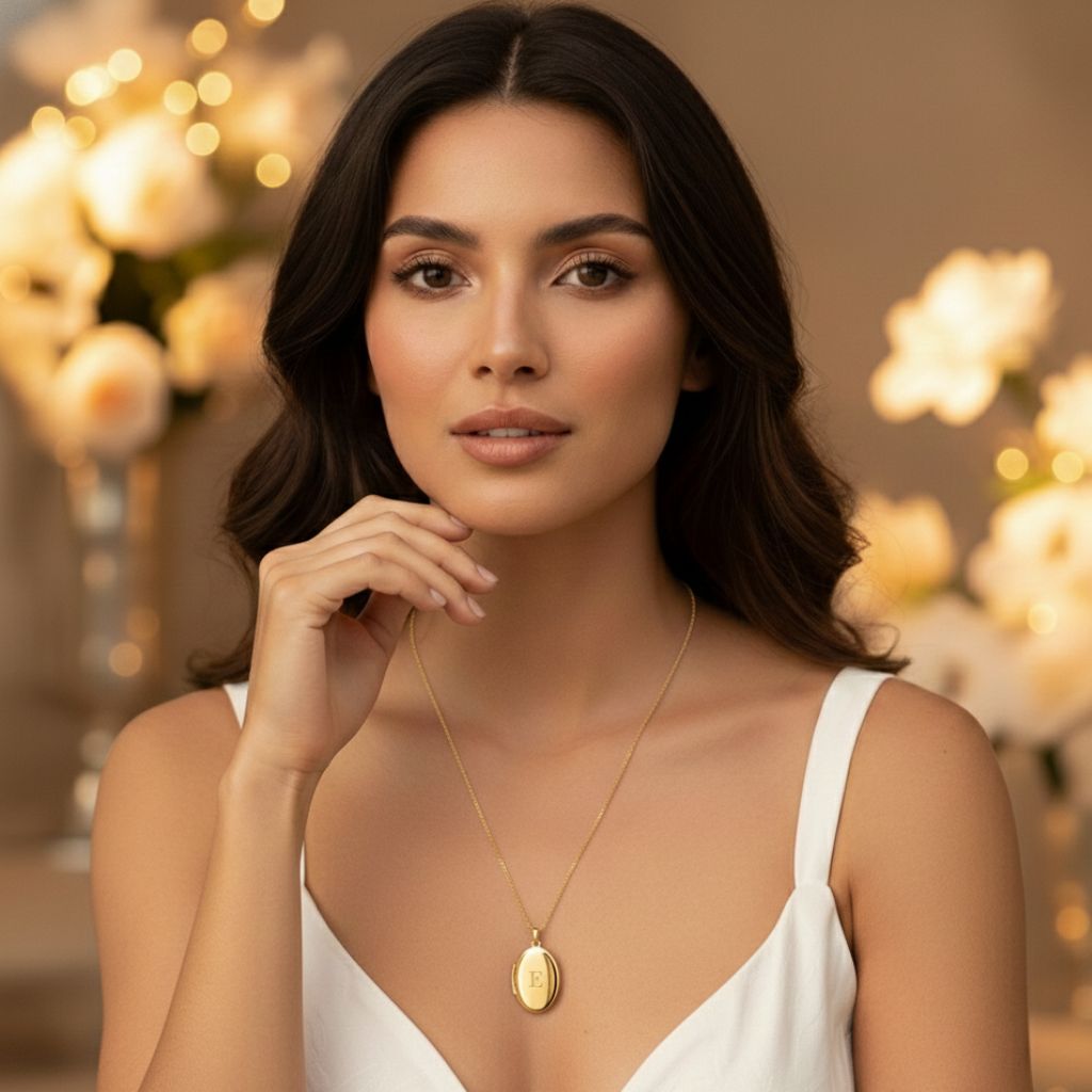 Woman wearing a gold necklace with a blurred floral background
