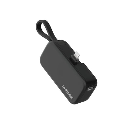 Black power bank with a strap on a white background, featuring the Momax brand.