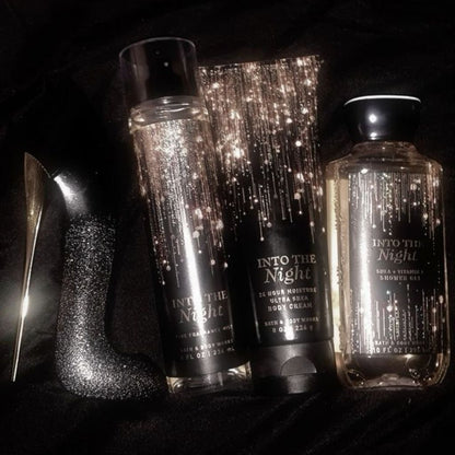 Three 'Into The Night' skincare products on a dark background