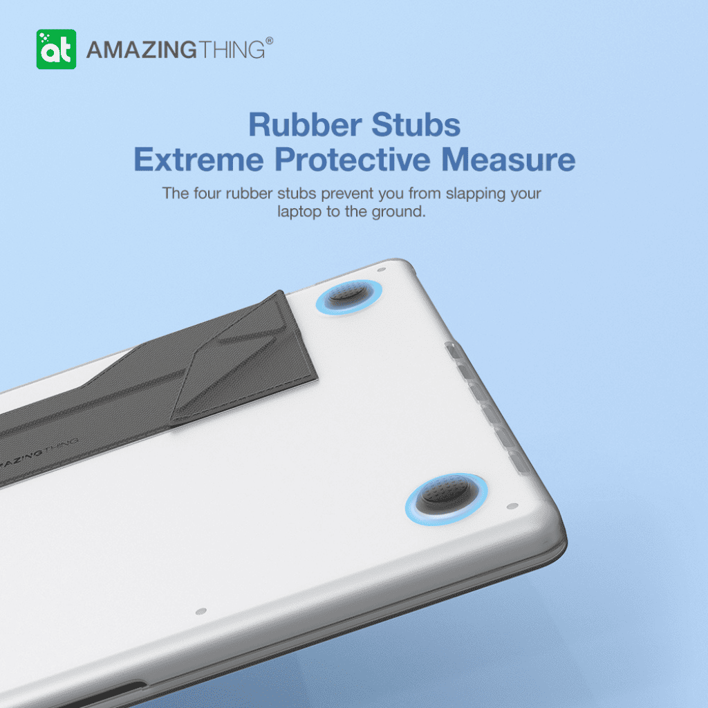 Laptop with rubber stubs for protective measure on a blue background, featuring the brand 'Amazing Thing'.