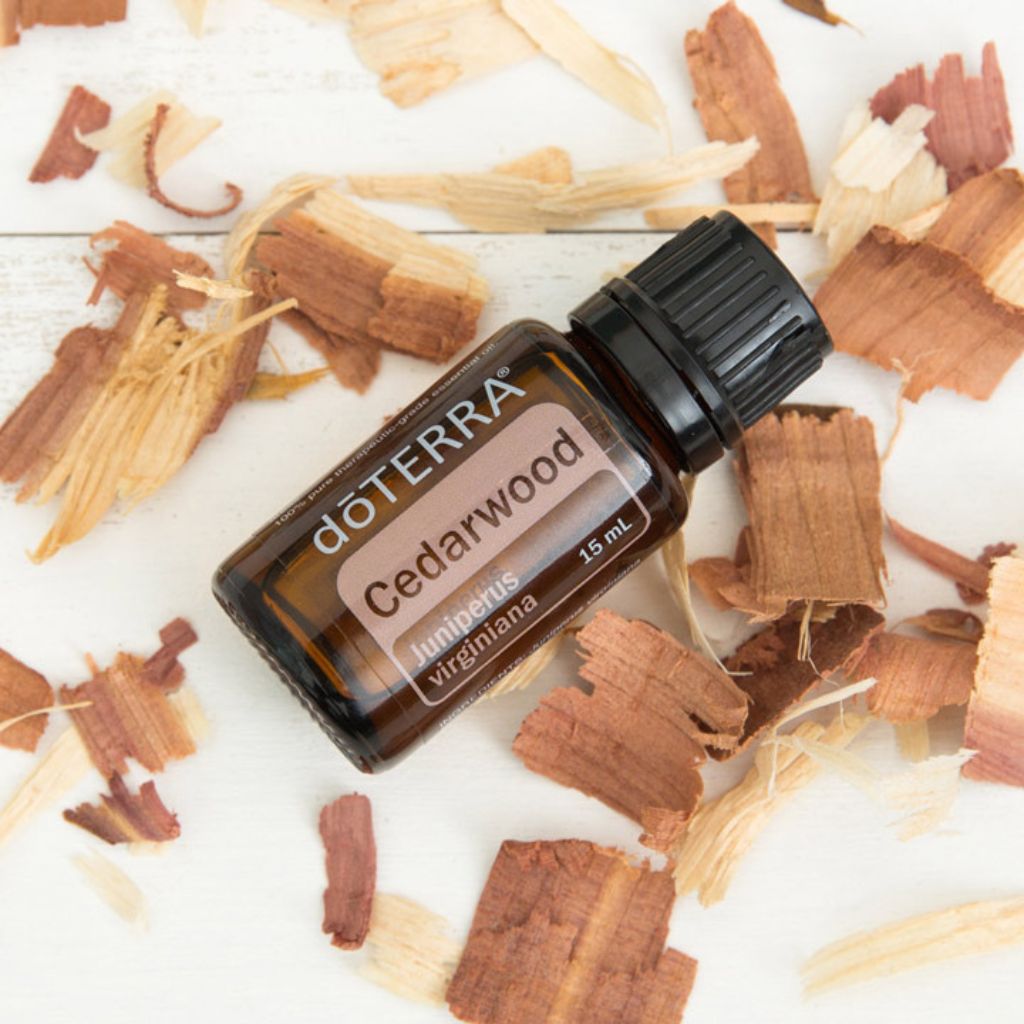 doTERRA Cedarwood essential oil bottle on a background of cedarwood chips