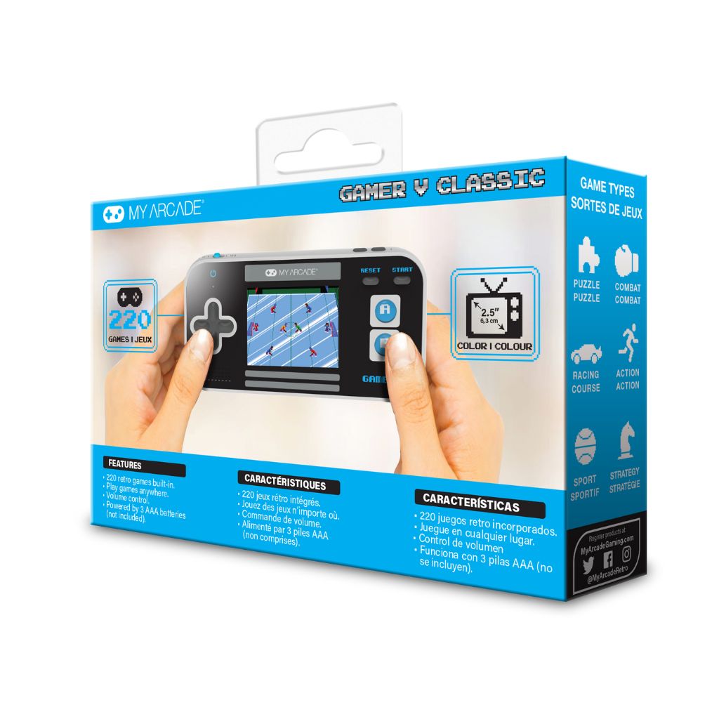 Handheld gaming console packaging with 'My Arcade' branding on a white background