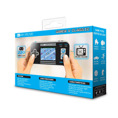 Handheld gaming console packaging with 'My Arcade' branding on a white background