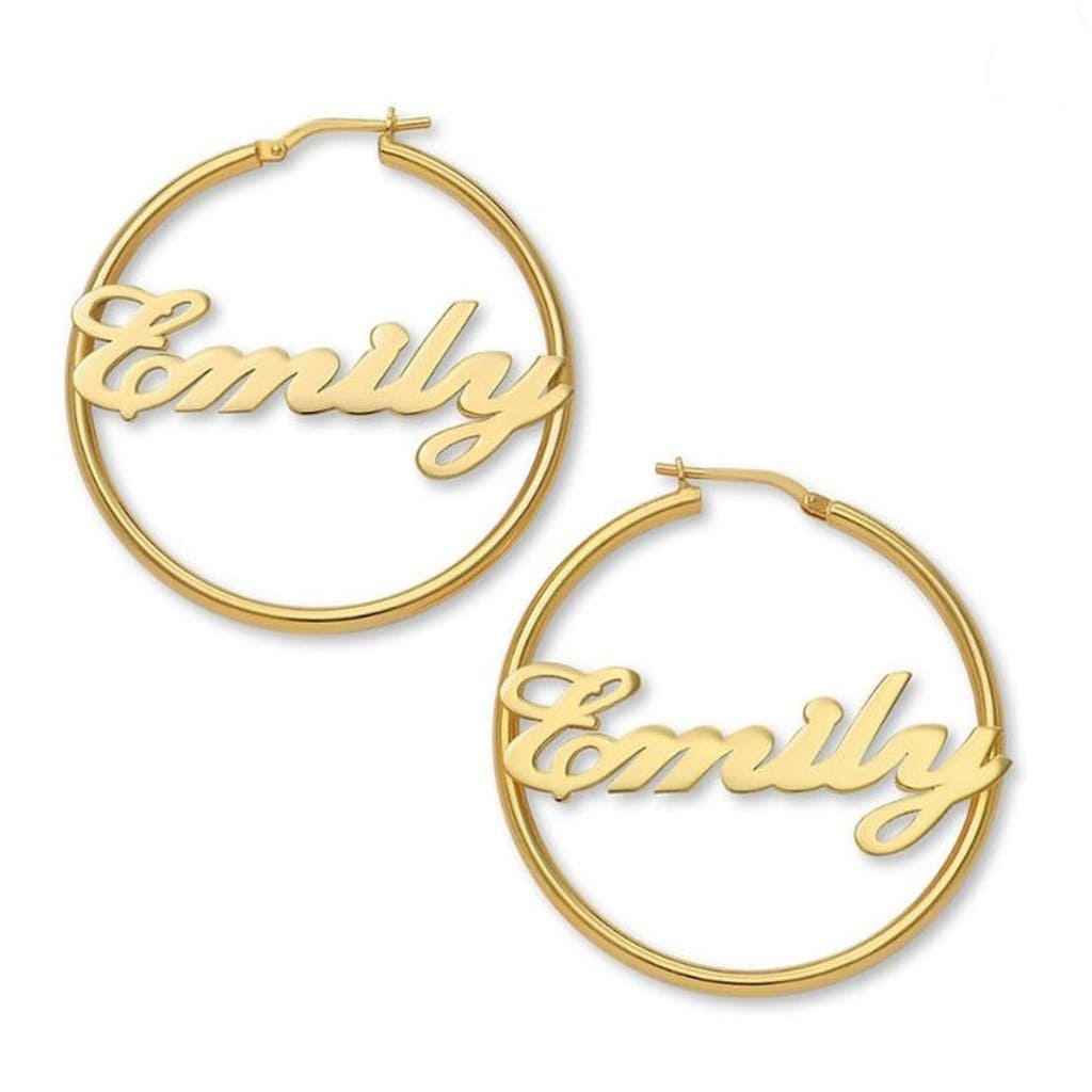 Gold hoop earrings with 'Emily' engraving on a white background