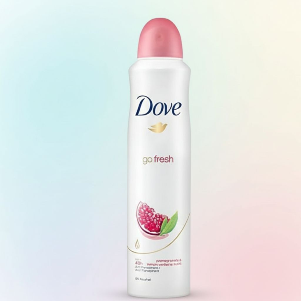 Dove go fresh deodorant spray bottle on a gradient background