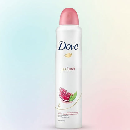 Dove go fresh deodorant spray bottle on a gradient background