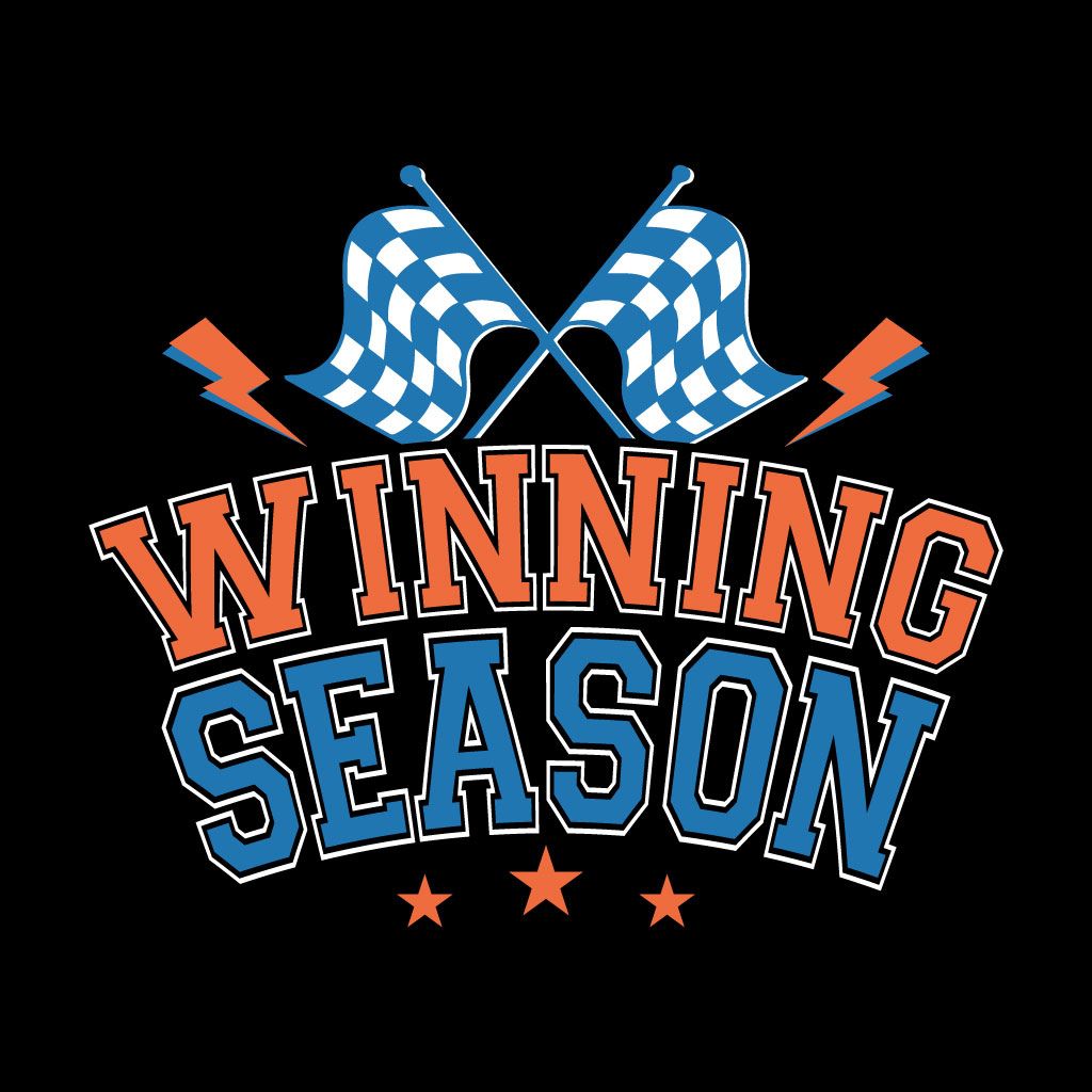 Graphic with 'Winning Season' text and checkered flags on a black background