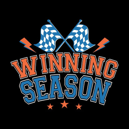 Graphic with 'Winning Season' text and checkered flags on a black background