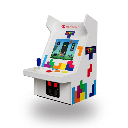 Mini arcade machine with Tetris design on a white background