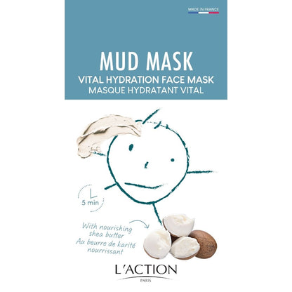 L'Action Paris mud mask packaging with a face illustration and product details.