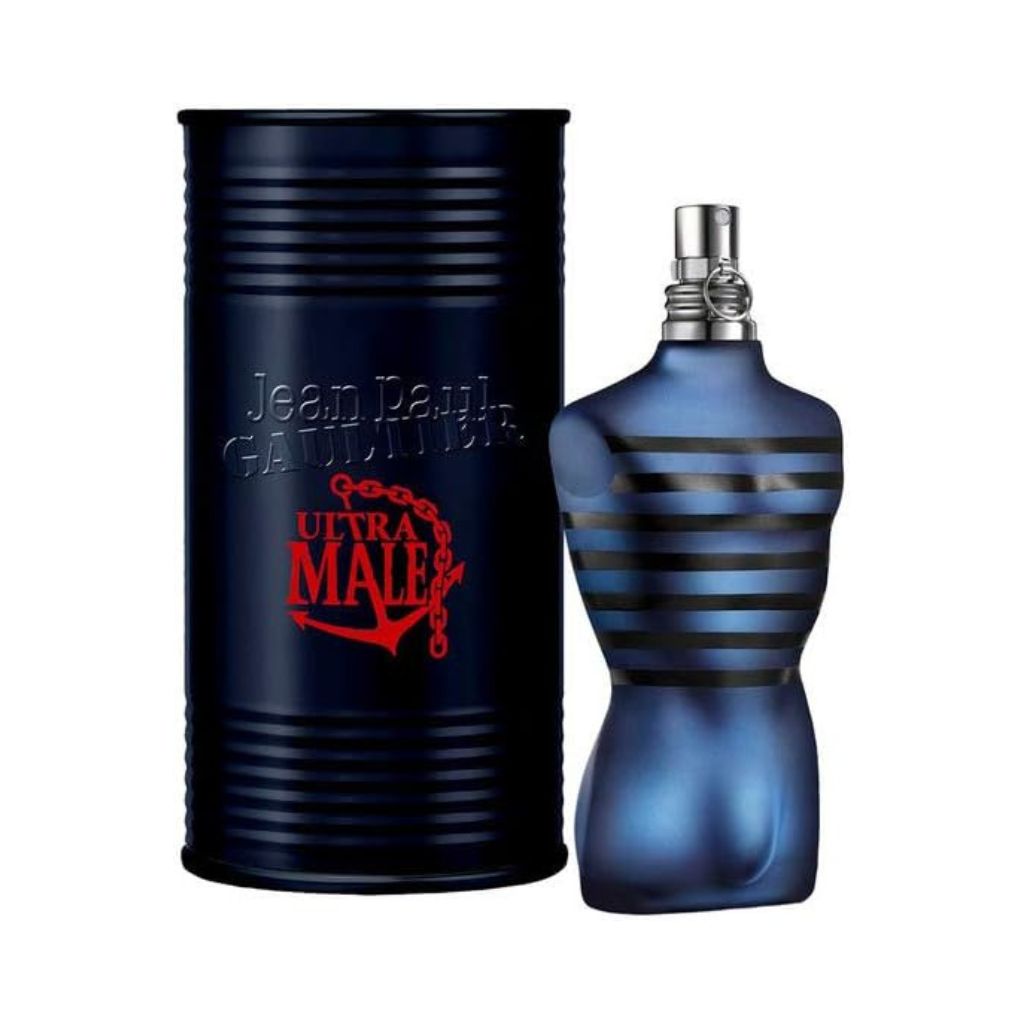 Blue perfume bottle and packaging with 'Jean Paul Gaultier Ultra Male' text on a white background