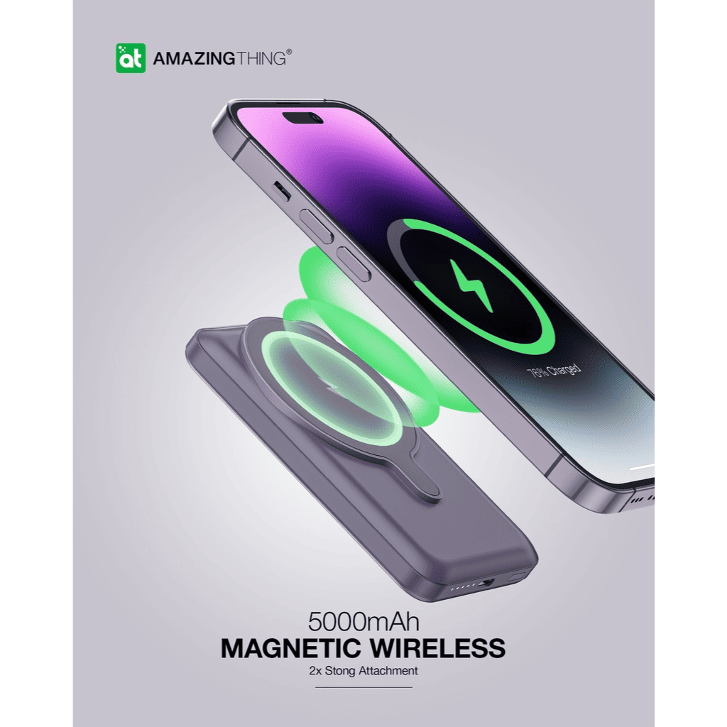 Wireless charging case with phone on a light gray background, featuring 'Amazing Thing' branding.