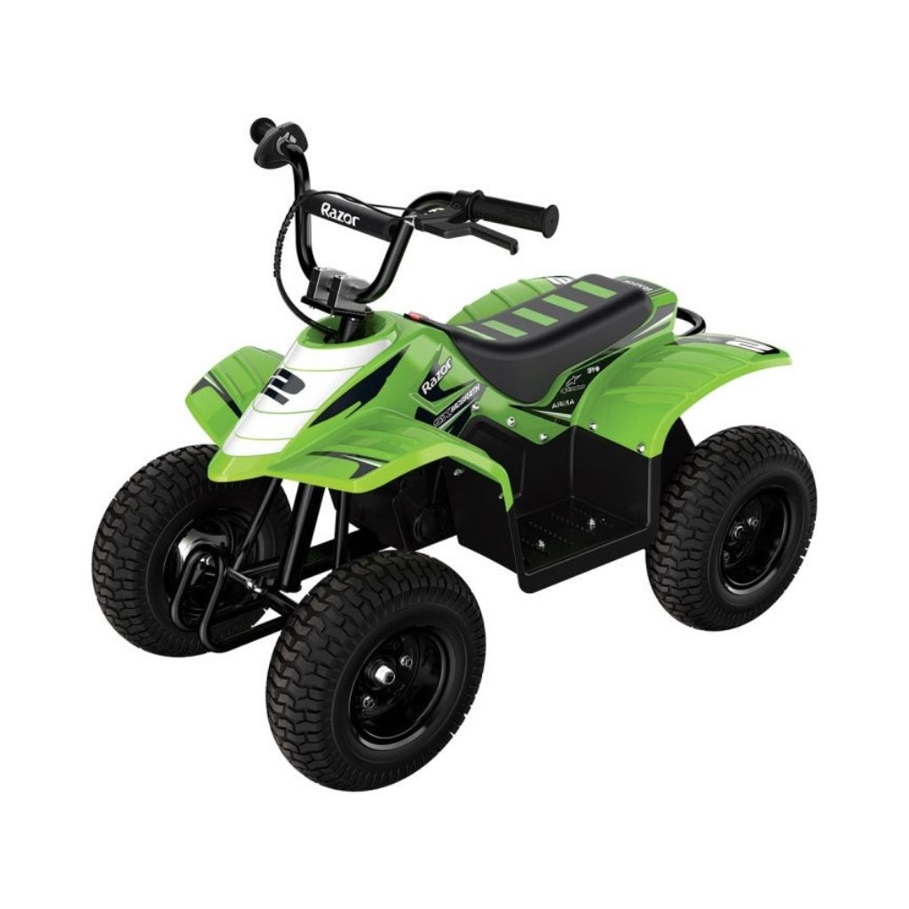 Green and black toy ATV on a white background