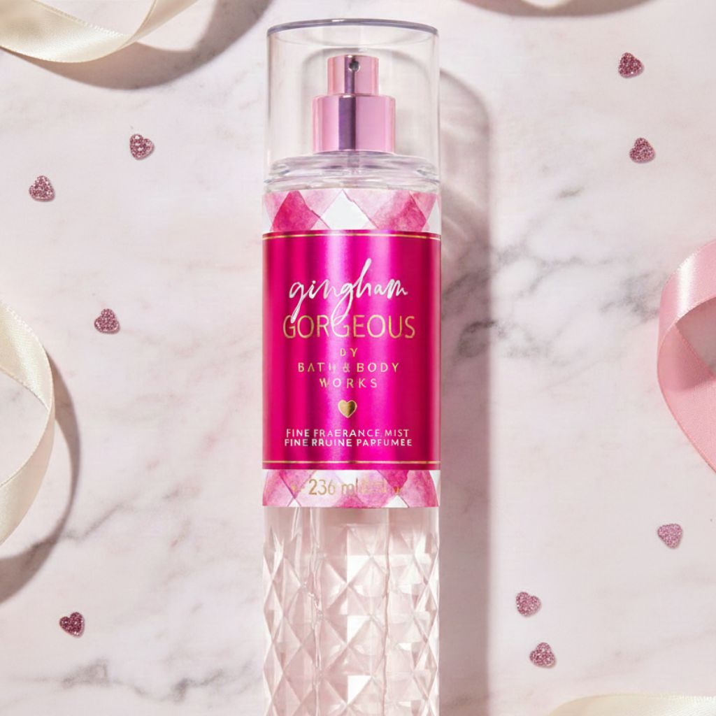 Bath & Body Works 'Gingham Gorgeous' fragrance mist bottle on a marble surface with decorative elements.