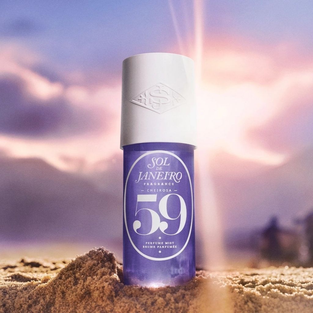 SOL DE JANEIRO perfume bottle with a sunset background