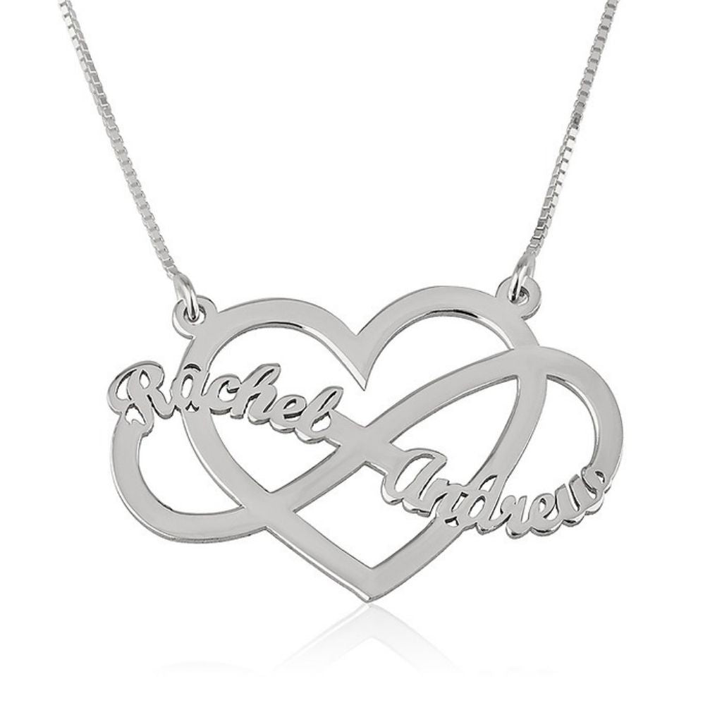 Silver necklace with interlocking hearts engraved with 'Rachel' and 'Andrew'.