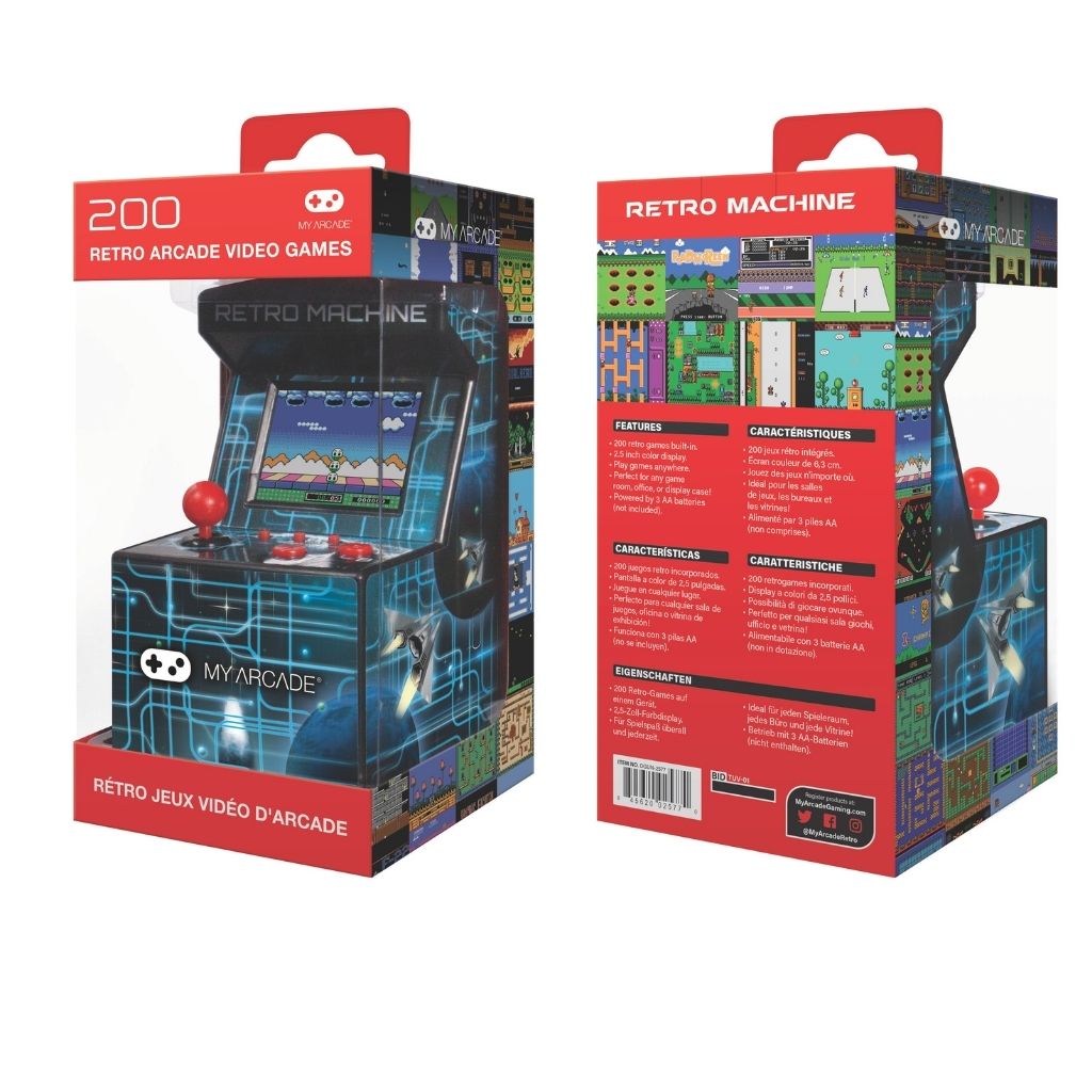 Retro arcade machine with packaging displaying '200 Retro Arcade Video Games' on a white background