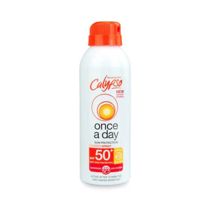 Calypso 'Once a Day' sun protection spray bottle on a white background