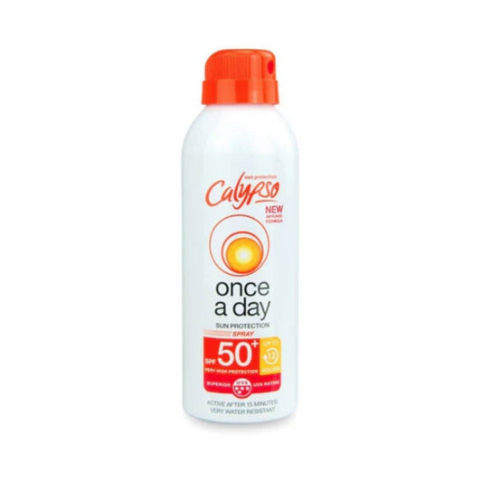 Calypso 'Once a Day' sun protection spray bottle on a white background