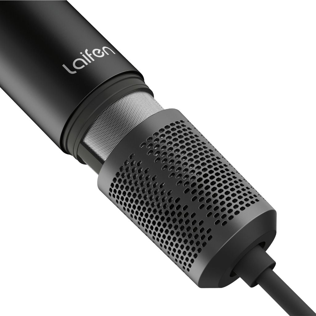 Black microphone with 'Laifen' branding on a white background