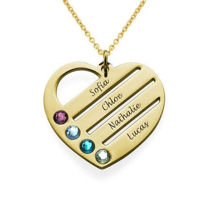 Angled Design Engraved Names Heart Necklace With Birthstones