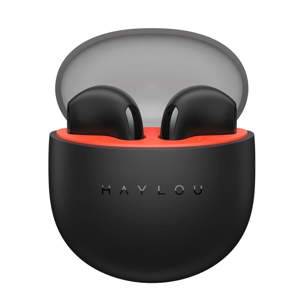 Black wireless earbuds in a transparent charging case on a white background