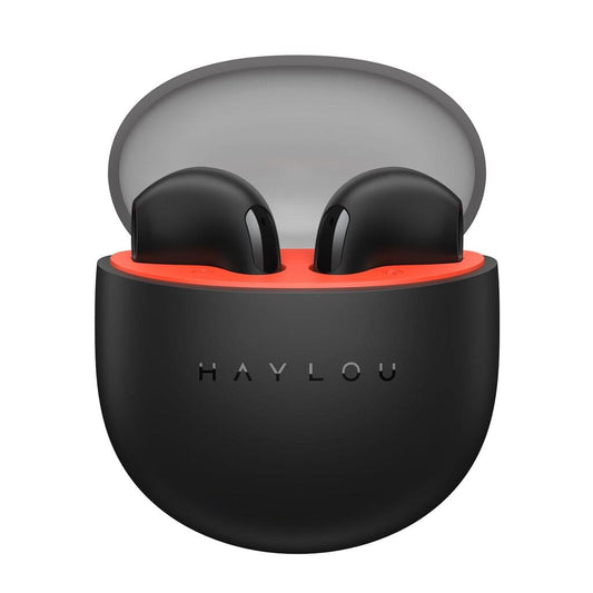 Black wireless earbuds in a transparent charging case on a white background