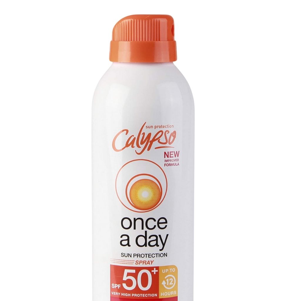 Calypso sun protection spray bottle with orange cap on a white background
