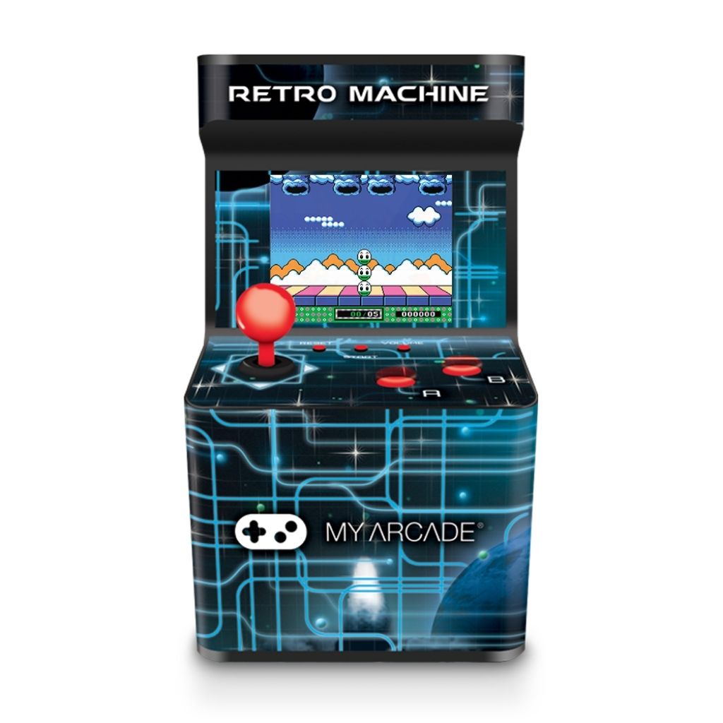 Miniature arcade machine with 'Retro Machine' branding on a white background