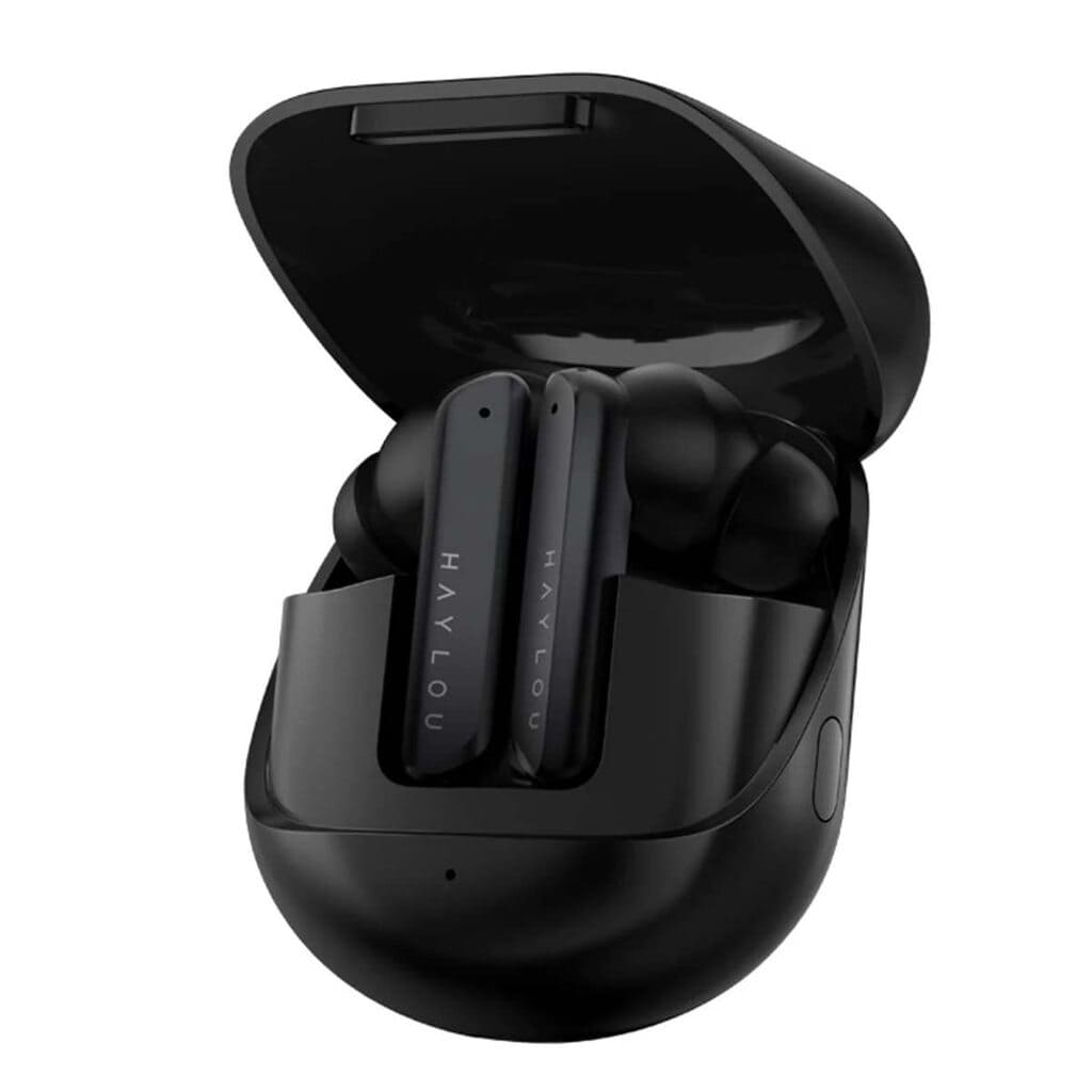Black wireless earbuds in a charging case on a white background