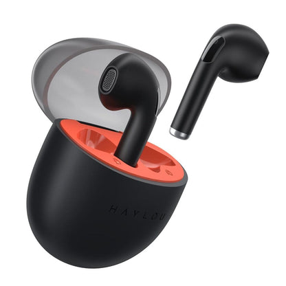 Black wireless earbuds with charging case on a white background