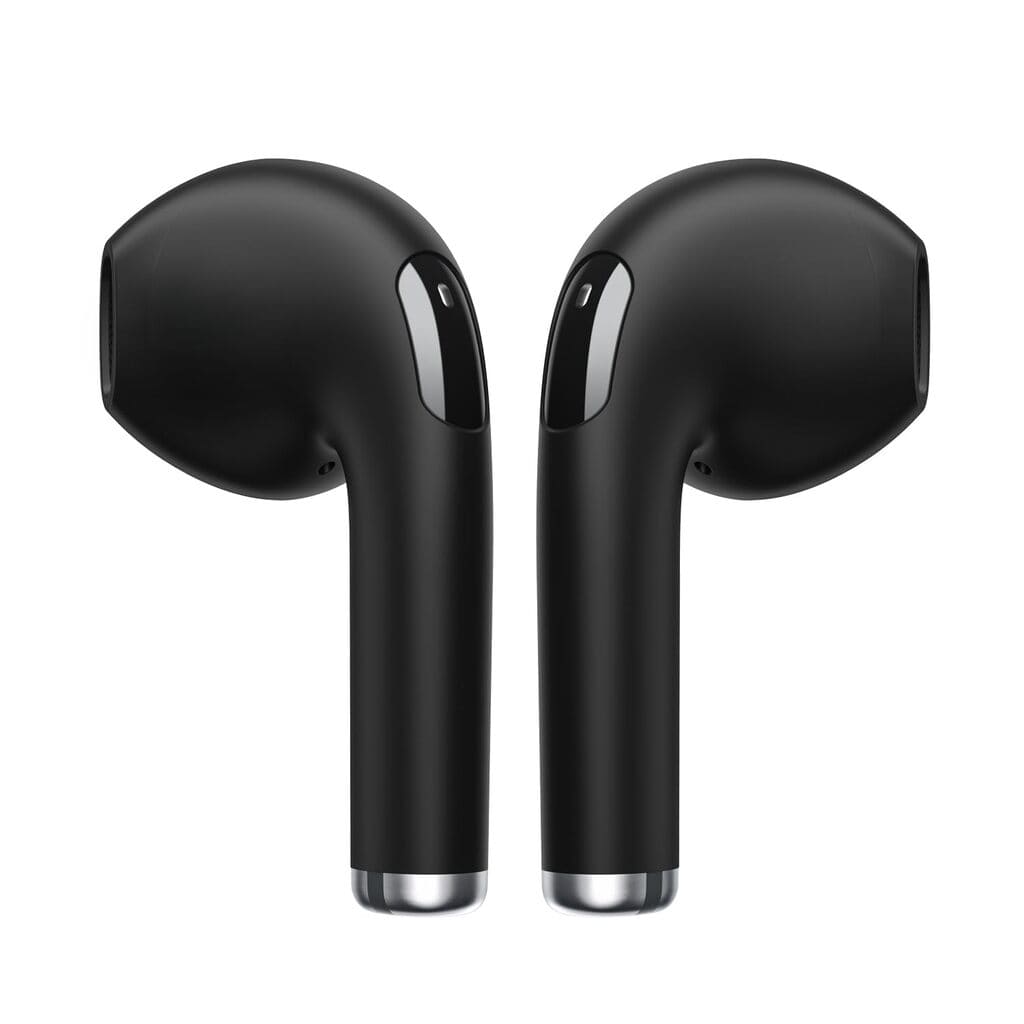 Black wireless earbuds on a white background