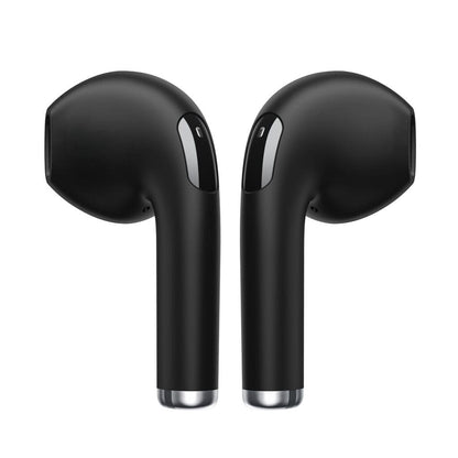 Black wireless earbuds on a white background
