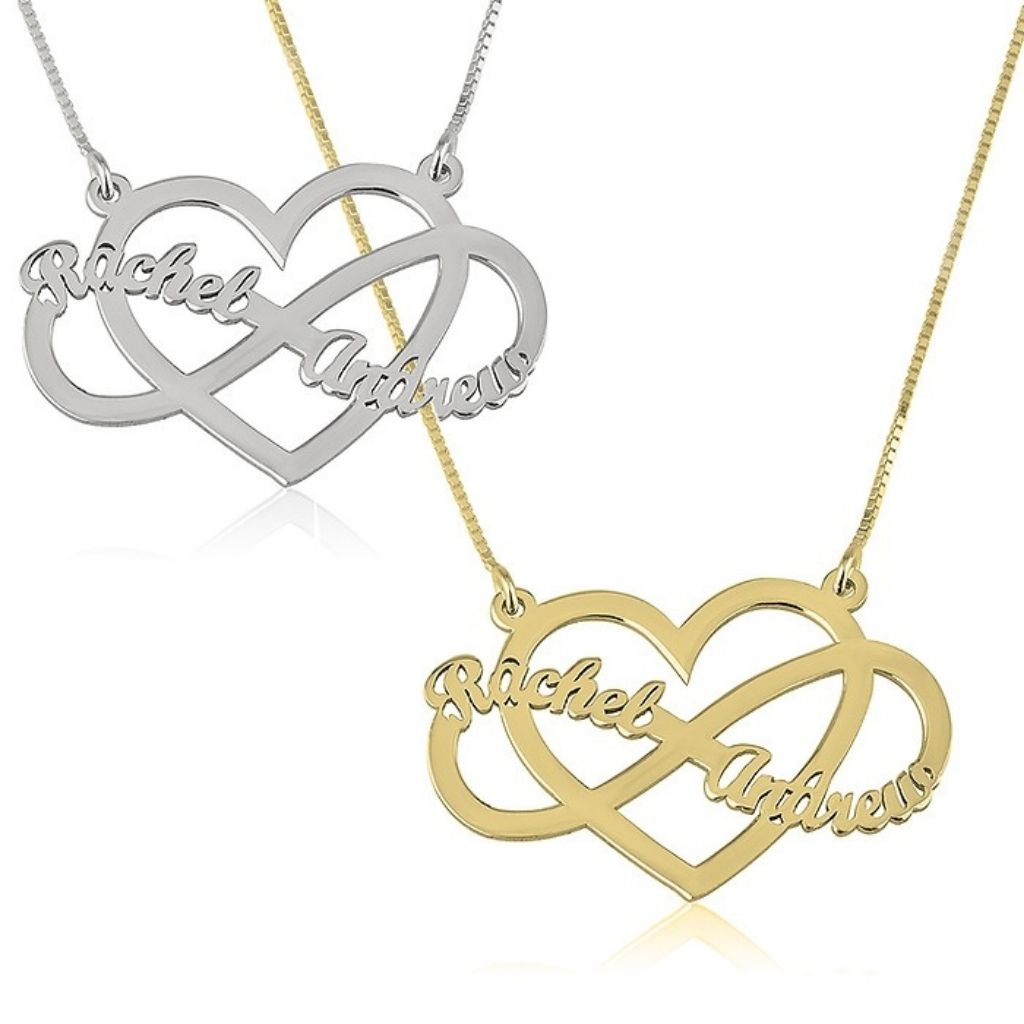 Two heart-shaped name pendants, one silver and one gold, on a white background.