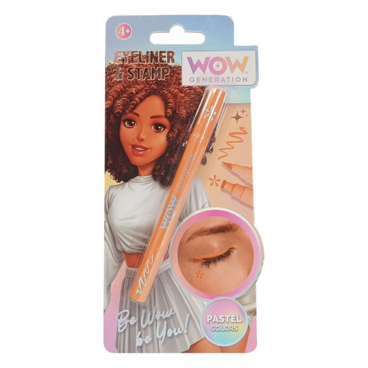 Eyeliner stamp with packaging featuring a doll and 'WOW' branding on a white background