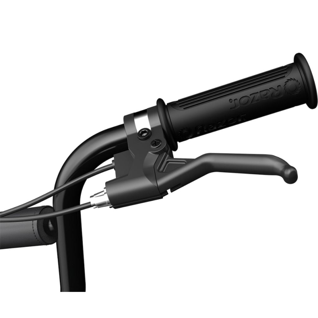 Close-up of black motorcycle handlebar grips with a visible brand logo on a white background