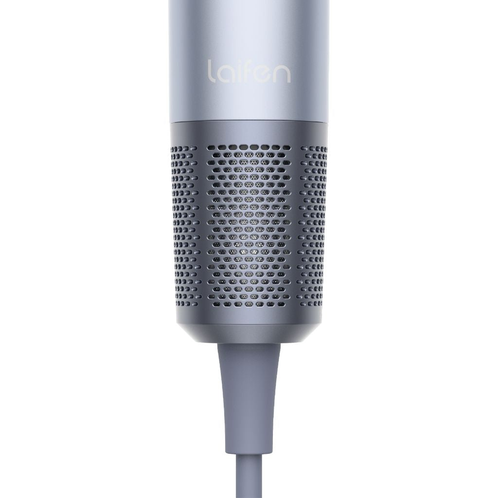 Gray hair dryer with brand logo on a white background