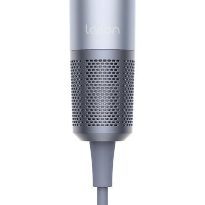 Gray hair dryer with brand logo on a white background