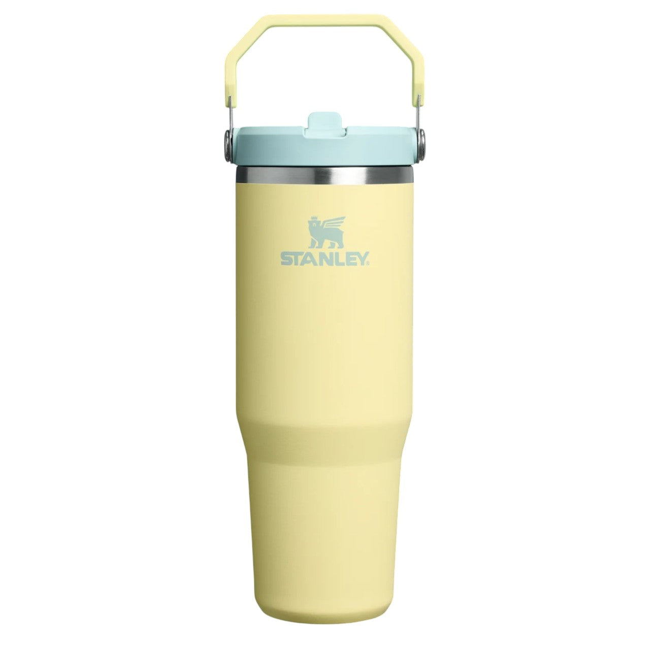 Yellow Stanley tumbler with a blue lid on a white background