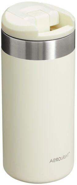 White travel mug with silver lid on a white background