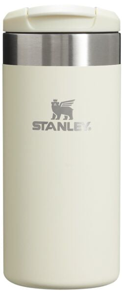 White Stanley insulated mug with a silver lid on a white background