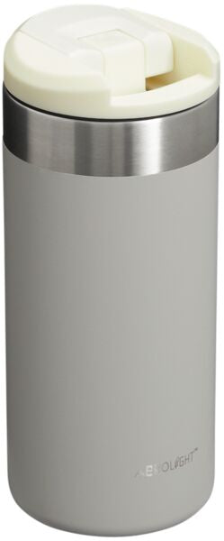 Gray insulated travel mug with a white lid on a white background