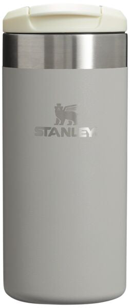 Gray Stanley insulated mug with a white lid on a white background